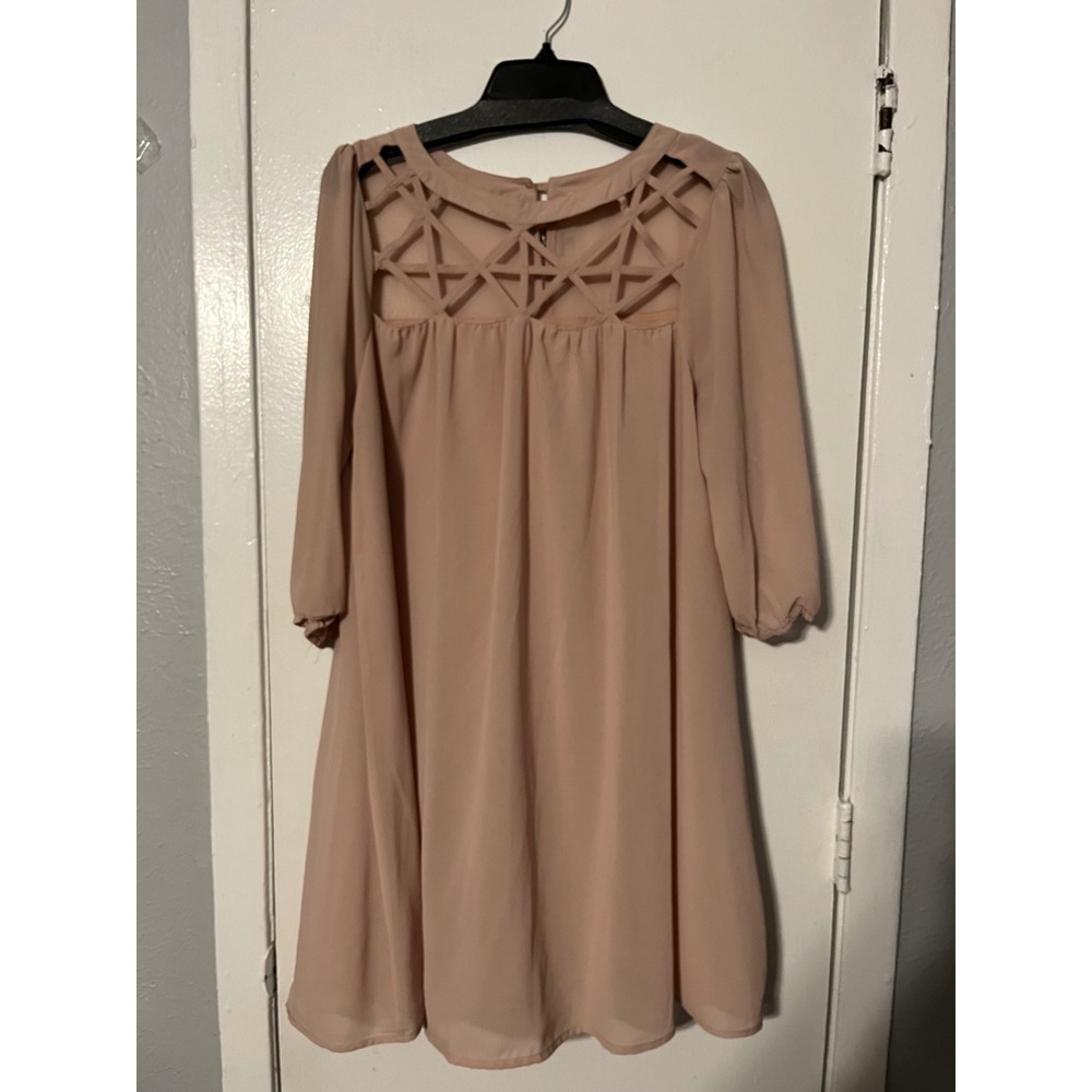 Kori America Blush Pink Lattice Cutout 3/4 Sleeve Shift Dress K1088 Womens M